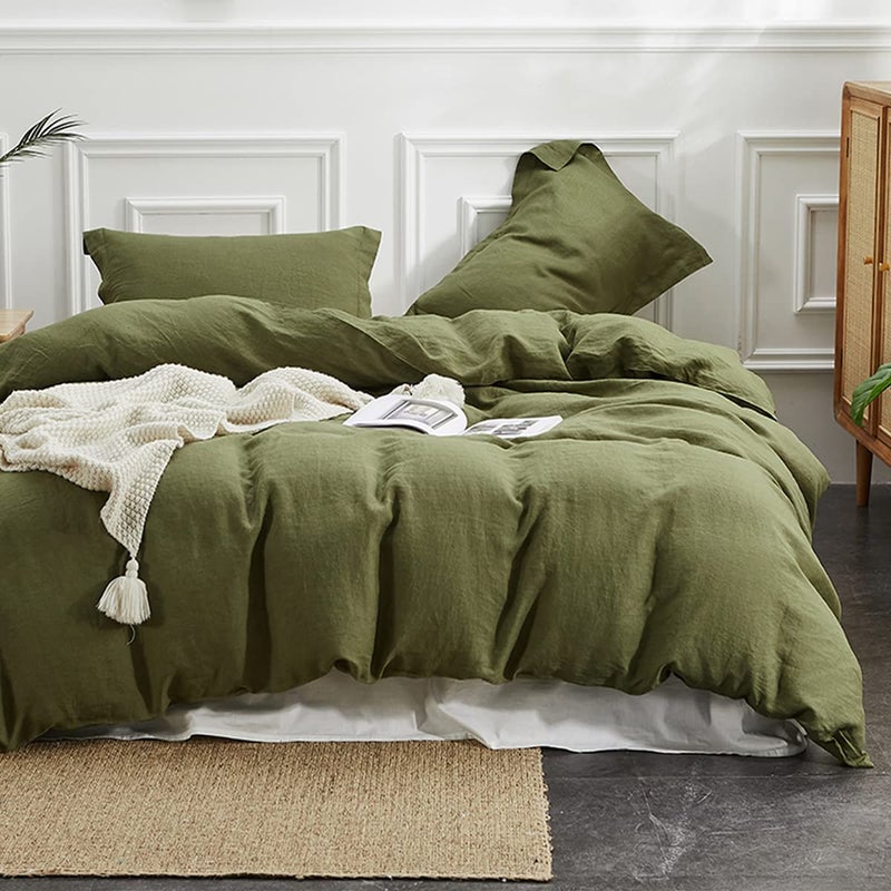 Simple&Opulence 100% Linen Duvet Cover Set 3pcs Basic Style Natural French Washed Flax Solid Color Soft Breathable Farmhouse Bedding with Button Closure - Olive Green, Full - Image 1